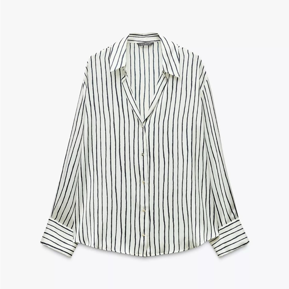 Zara Striped Satin Button Down Top